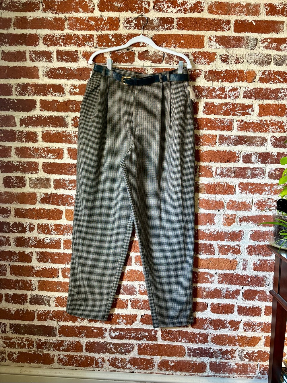 NWT Vintage Worthington Pleated, Belted, Plaid Navy, Green & Tan Trousers